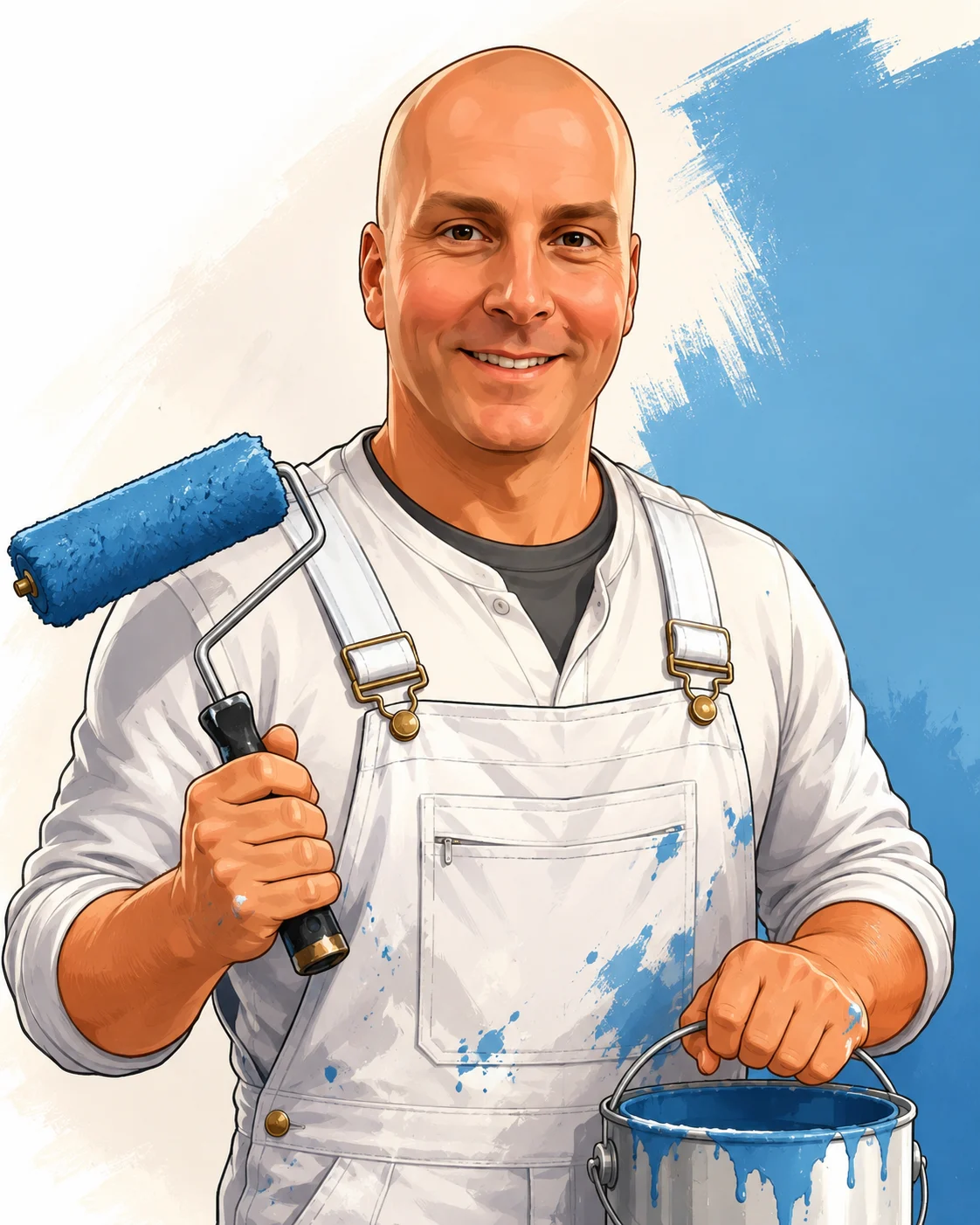 Illustration representing Wayne from Active Painting, holding painting equipment.